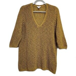 J Jill Sweater Women Sz XL Petite Mustard Brown Nubby Open Weave V Neck 3/4 Slv